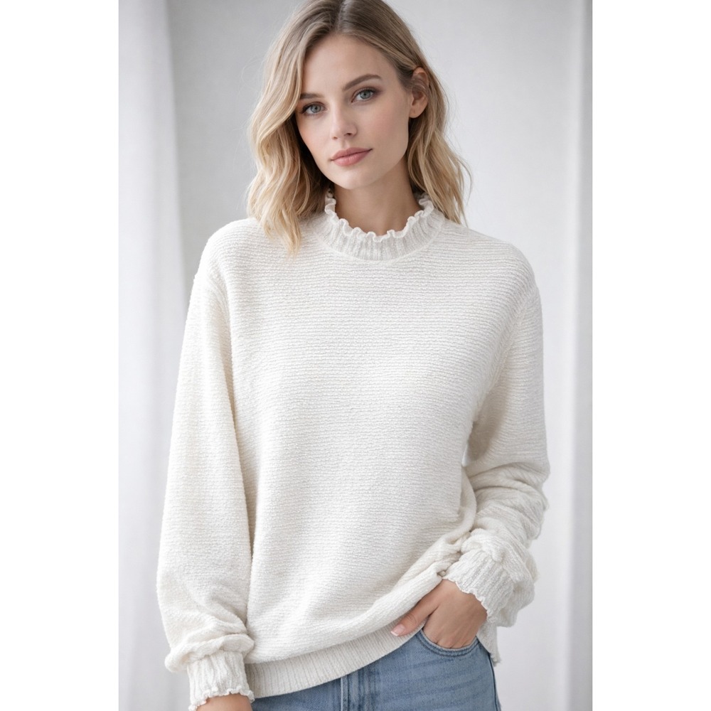Shein Curve Romantic Smocked Cuff Ruffle Mock Neck Ivory Cottagecore 3XL Top